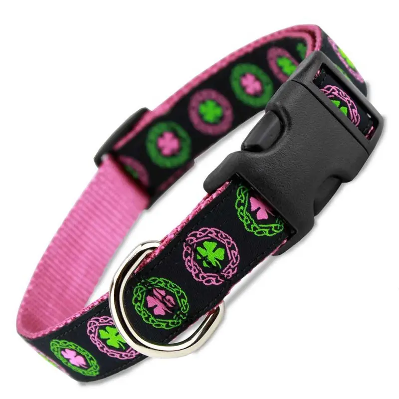 Irish Celtic Dog Collar with Clover on Pink
