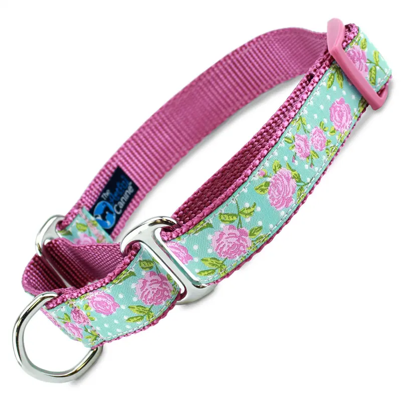 Pink Roses on Blue Martingale Dog Collar