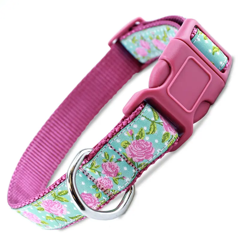 Pink Roses on Blue Dog Collar