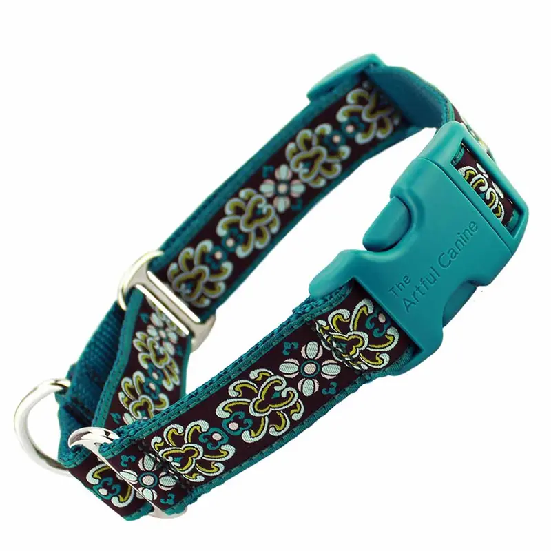 Teal Damask Buckle Martingale Collar