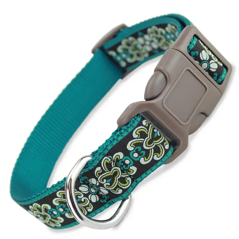 Teal Damask Dog Collar, Brown Hardware