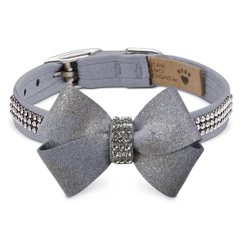 Platinum Glizerati Nouveau Bow 3 Row Giltmore Dog Collar by Susan Lanci - Platinum
