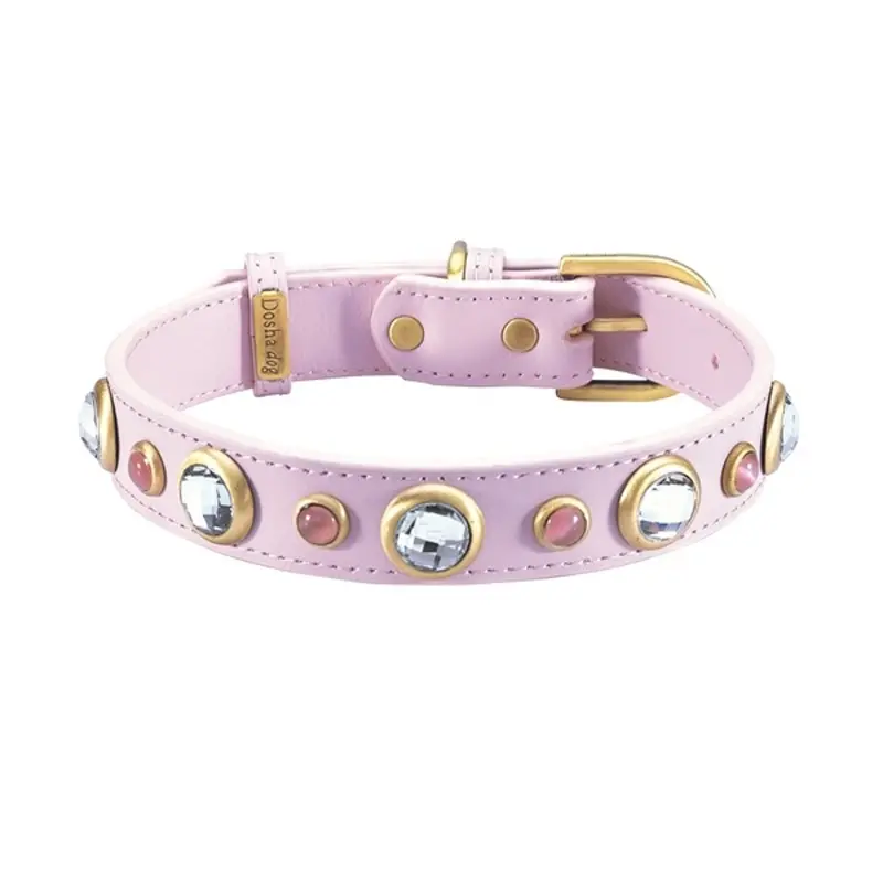 Dosha Dog Diamond Leather Dog Collar - Light Pink