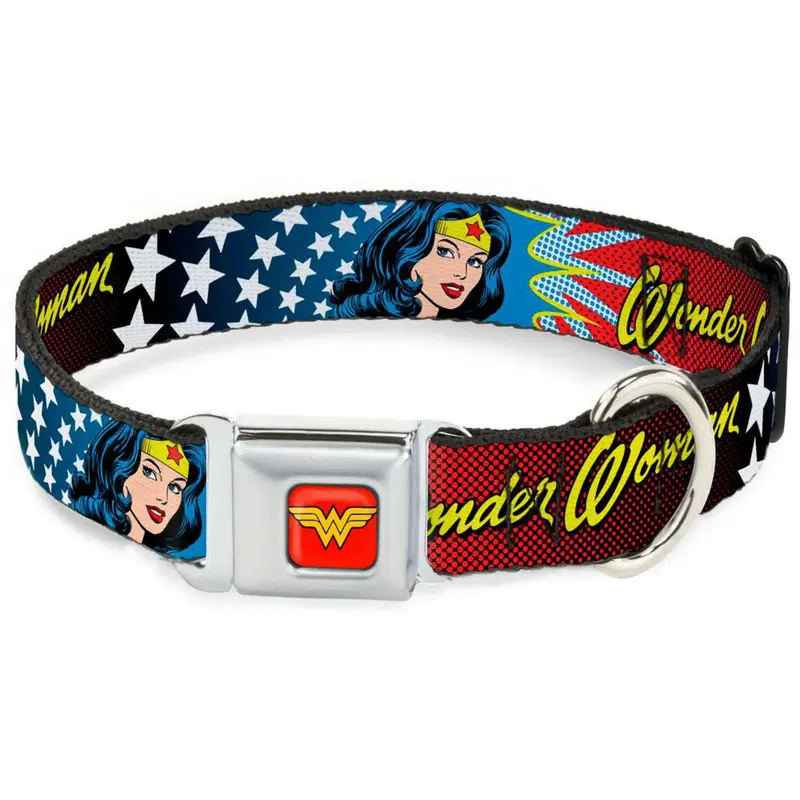 Wonder Woman Face and Stars Seatbelt Buckle Dog Collar by Buckle-Down