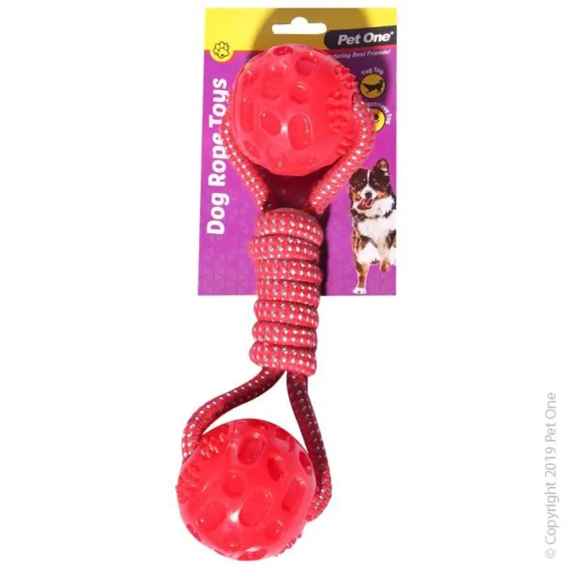 Pet One Dog Toy Rope With Dumbell TPR Balls Red