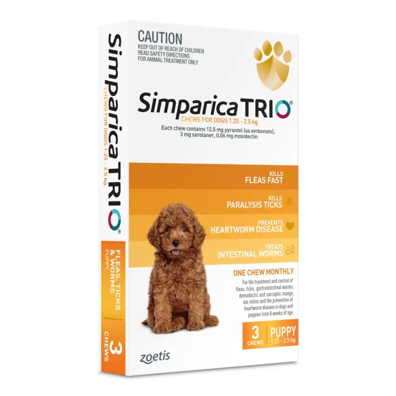 Simparica Trio 1.25kg - 2.5kg Dog Flea, Tick & Worm Chew 3 Pack