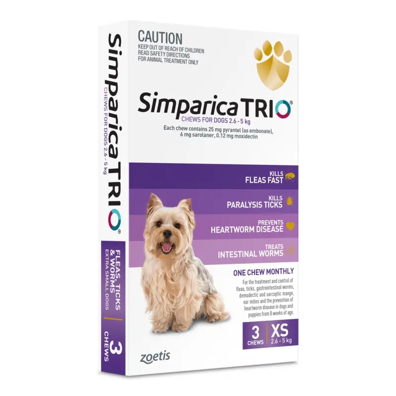 Simparica Trio 2.6kg - 5kg Dog Flea, Tick & Worm Chew 3 Pack