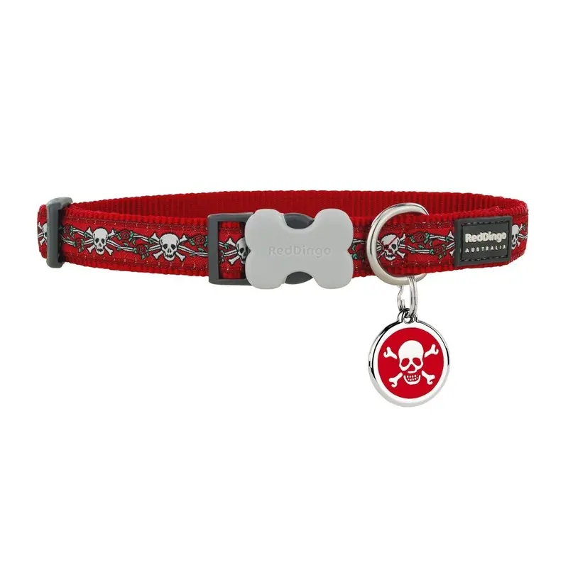 Skull And Roses Dog Collar/Red Tag Set