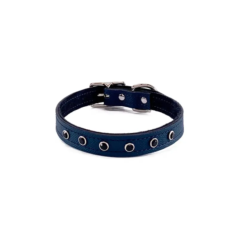 Colima Classic Rhinestone Leather Dog Collar Orion Blue