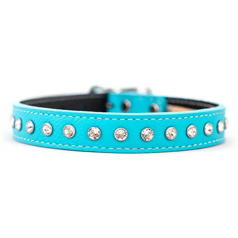 Tuscan Leather Crystallized Dog Collar Turquoise