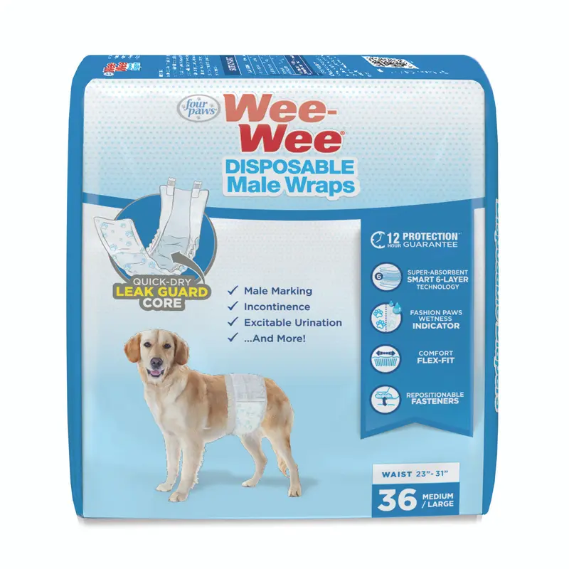 Four Paws Wee-Wee Disposable Male Dog Wraps Male Wraps Medium/Large (36 Count)