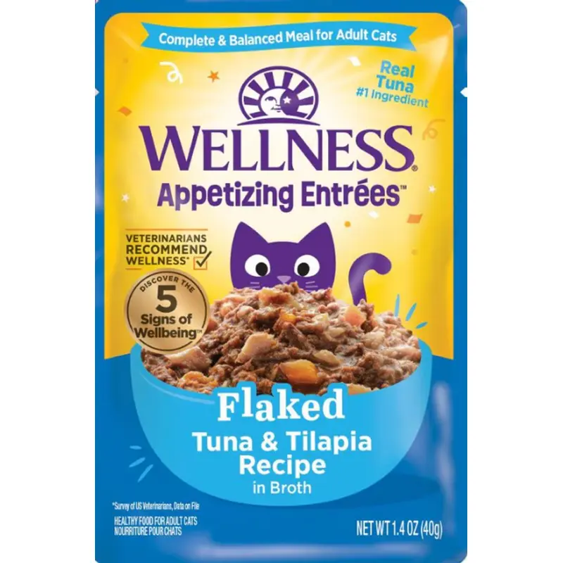Wellness Appetizing Entrees Flaked Cat Food Pouch Tuna & Tilapia in Broth Recipe 1.4oz