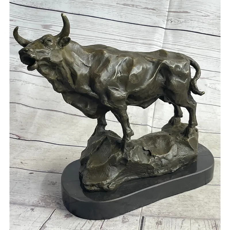 Bull Cow Cattle Farm Animal Bronze Metal Statue Sculpture on Marble Base
