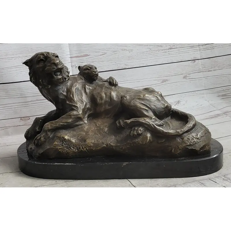 Lion Tiger & Cub Bronze Statue Sculpture Wildlife Figure Decor Handmade Art