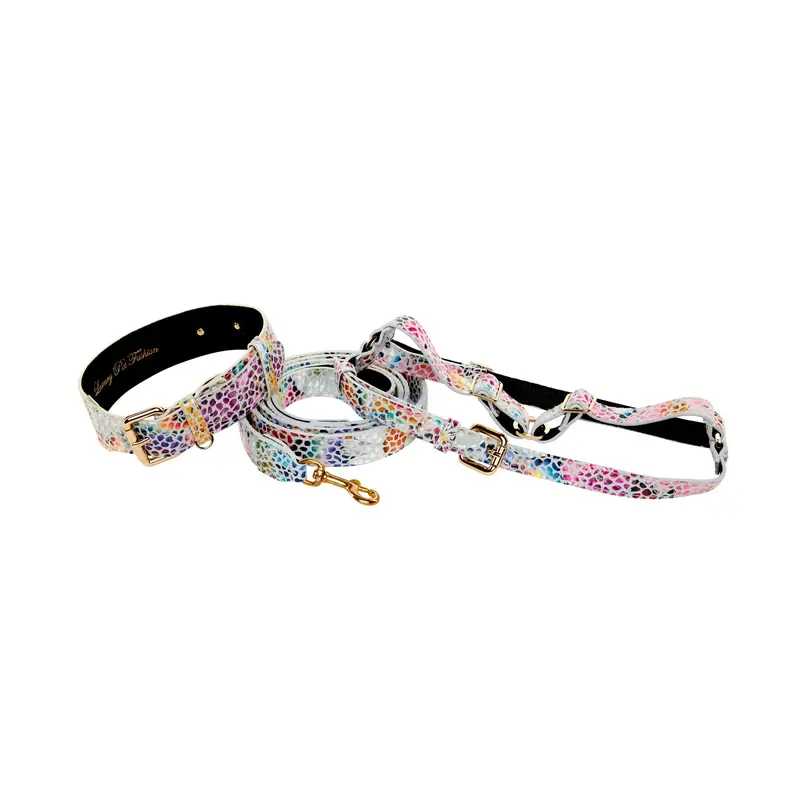 White Floral Mosaic Italian Leather Collar, Leash, Harness Set With Gold Classic Hardware
