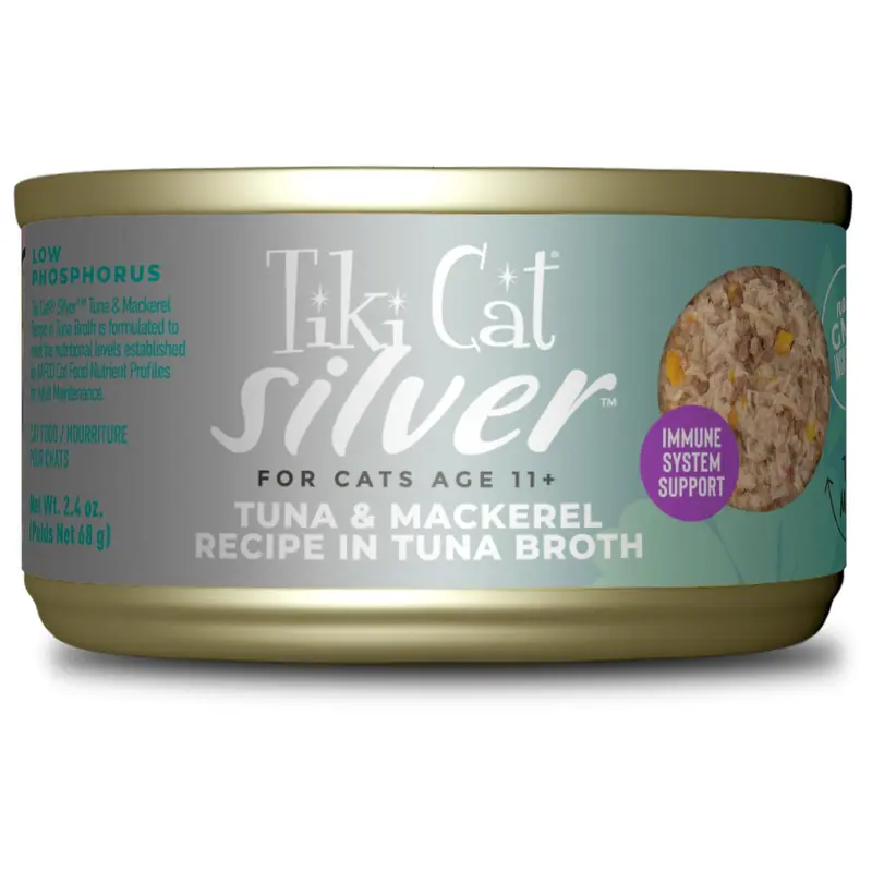Tiki Cat Silver Wet Cat Food for Seniors Tuna & Mackerel 2.4oz Can