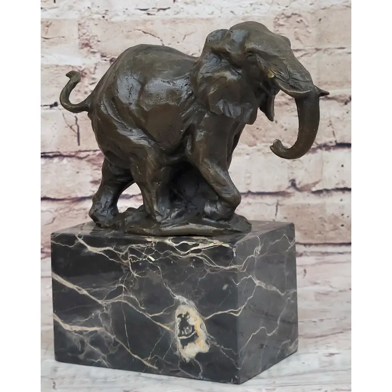 Miniature Elephant Bronze Metal Figurine Sculpture on Marble Base Signed Original