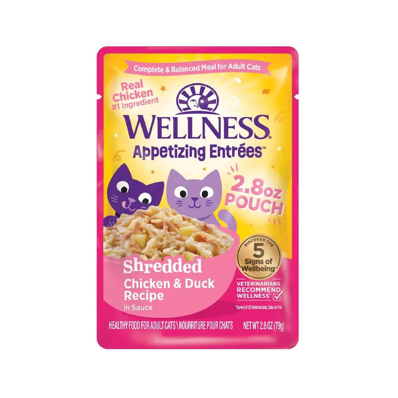 Wellness Appetizing Entres Shredded Adult Wet Cat Food Chicken Duck 2.8oz Pouch