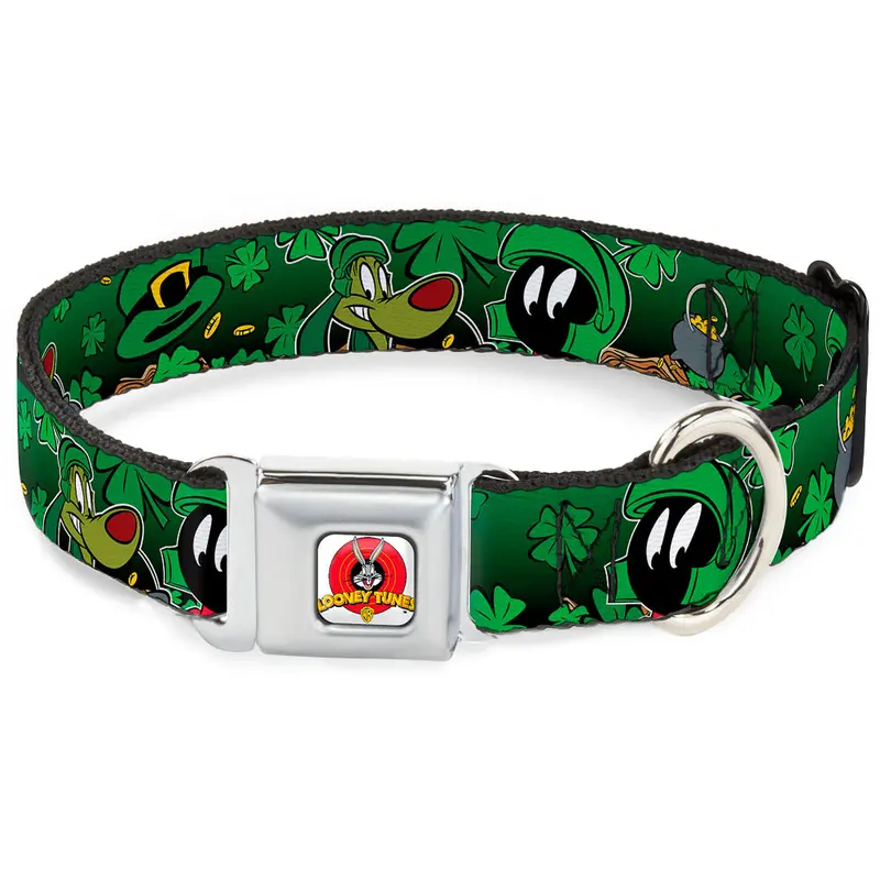Looney Tunes Logo Full Color White Seatbelt Buckle Collar - Marvin the Martian & K-9 Poses/Clovers Greens