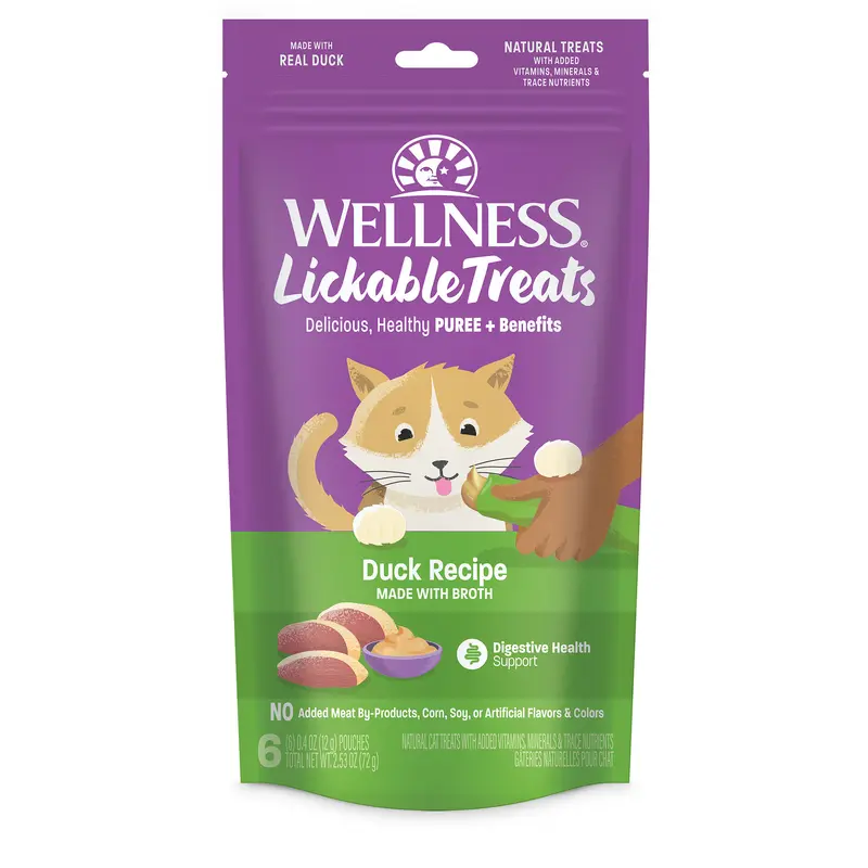 Wellness Lickable Treats Soft Puree Natural Grain Free Cat Treats Duck Contains 6 - 0.4oz Tubes