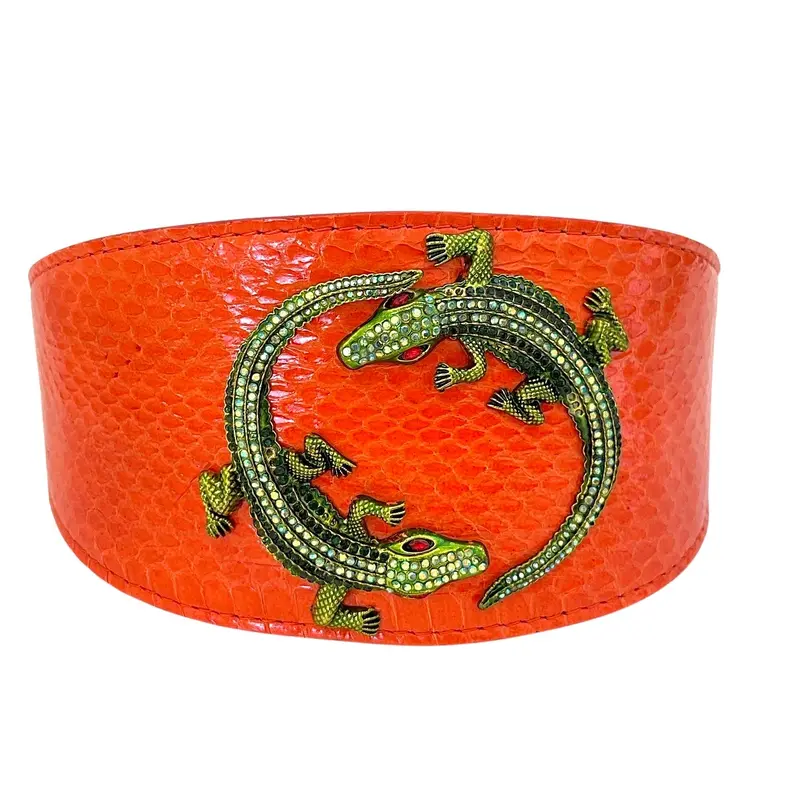 Orange Snake Collar With Green Rhinestone Alligators