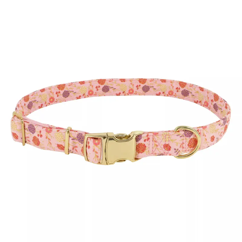 Coastal Accent Metallic 5/8in Wide 8-12in Adjustable Dog Collar Pink Flowers
