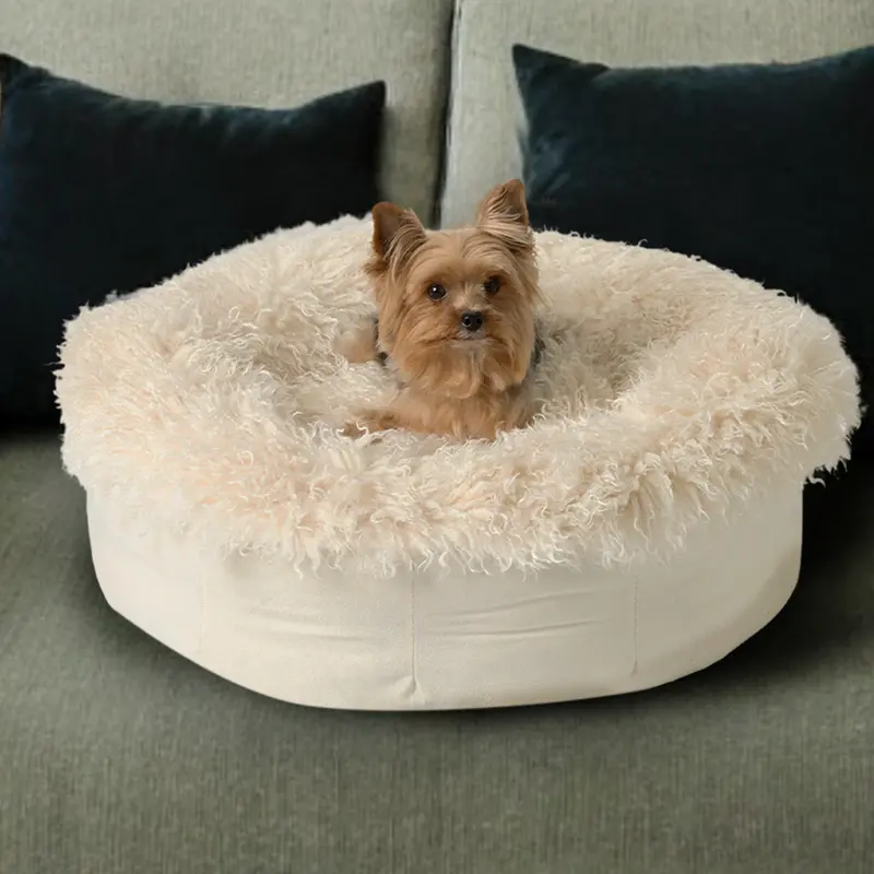 PupPouf Luxe Faux Fur Donut Dog Bed - Plush Sheep Ivory
