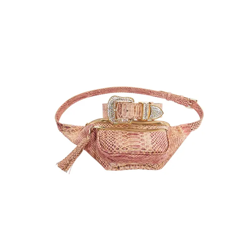 Embossed Snake Italian Leather Belt Bag With Matching Swarovski Crystal Collar