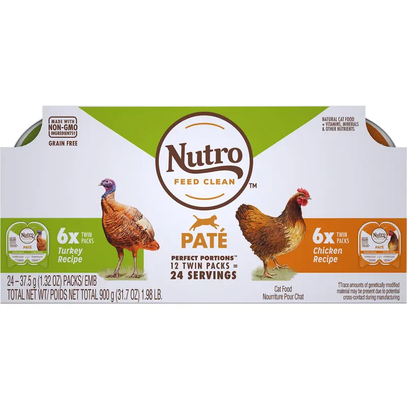 Nutro Perfect Portions Grain Free Turkey Pate and Chicken Pate Wet Cat Food Tray Variety Pack