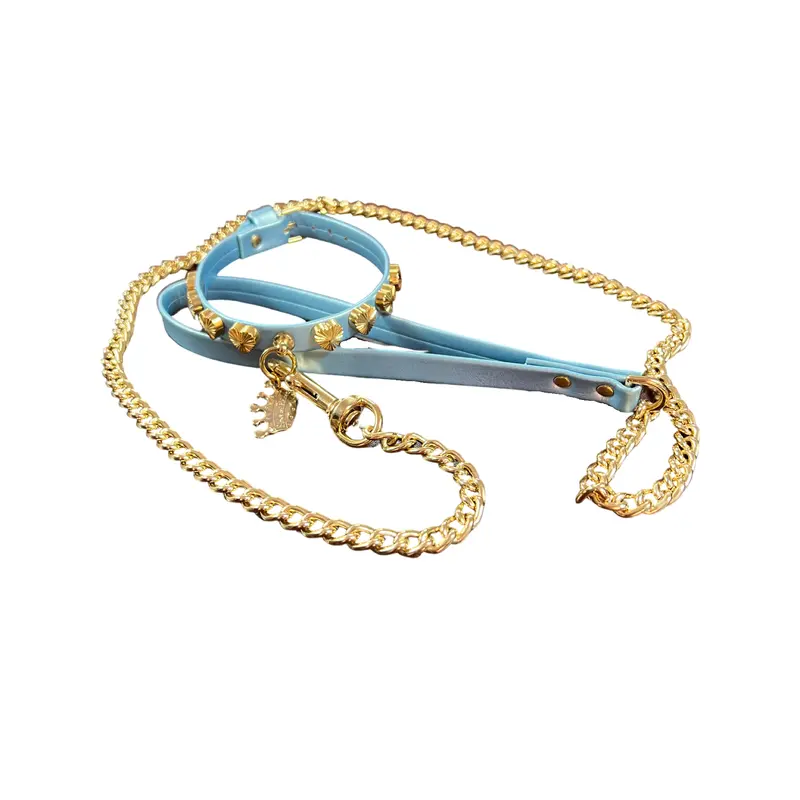 Fashion Collar and Chain Leash Set - Blue with Heart Studs