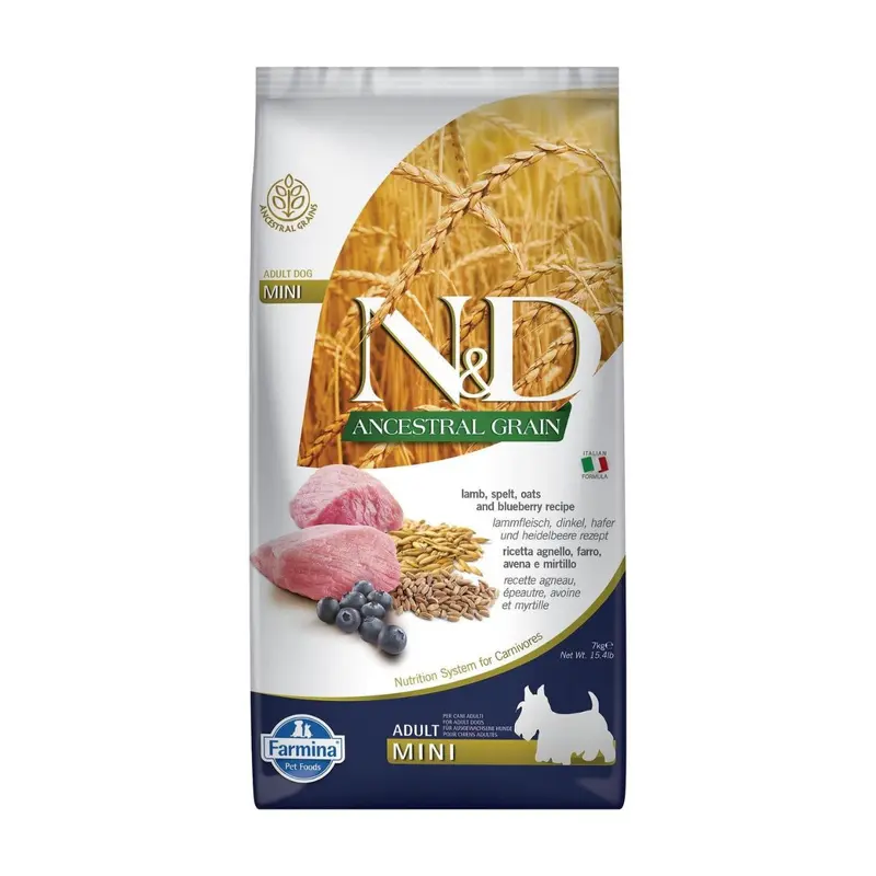 Farmina N&D Ancestral Grain Dry Dog Food - Blueberry & Lamb Mini Kibble - 15.4lb Bag