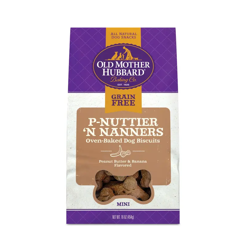 Old Mother Hubbard Grain Free Crunchy P-Nuttier 'N Nanners in Peanut Butter and Banana Flavor Biscuits Mini Oven Baked Dog Treats  16oz