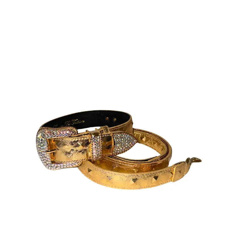 Glam Gold Embossed Studded Italian Leather Collar & Leash Set With Our Custom Swarovski Crystal Buckle