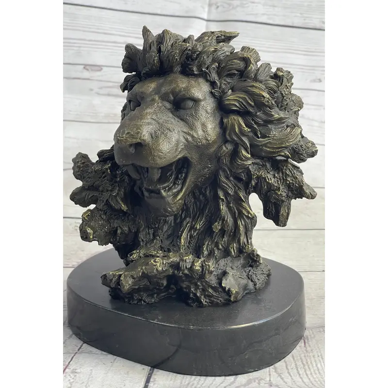 Roaring Lion's Head Lion Bust Bronze Sculpture Statue Figure Marble Base 9" x 7"