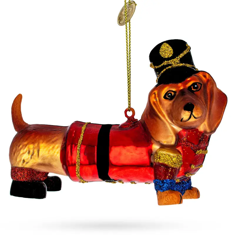 Dachshund Dog in Hat Blown Glass Christmas Ornament