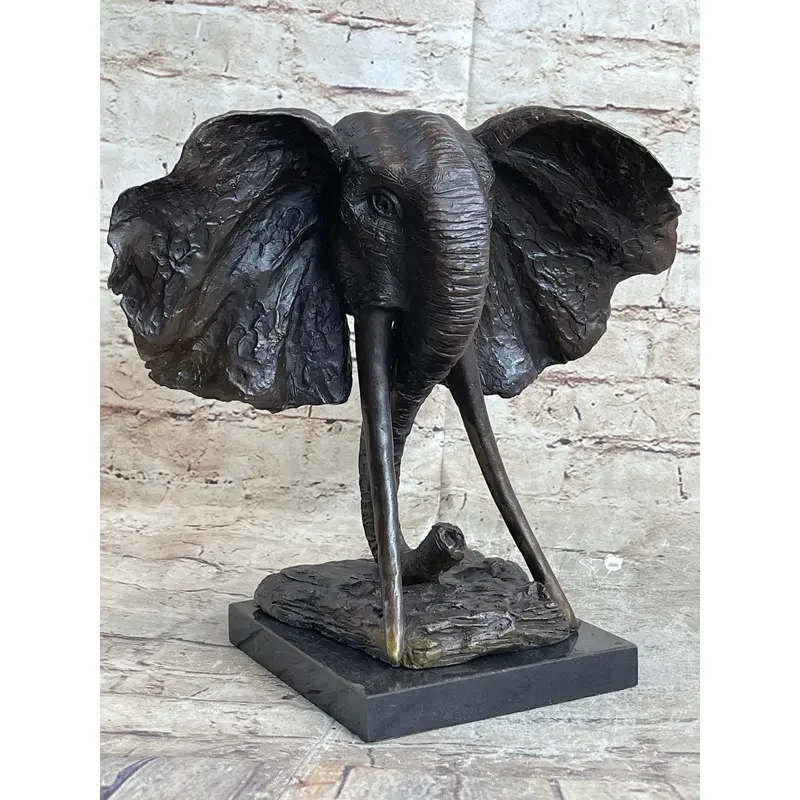 Elephant Head Bronze Metal Bust Statue Sculpture Figure Decor Signed Original Art Marble Base