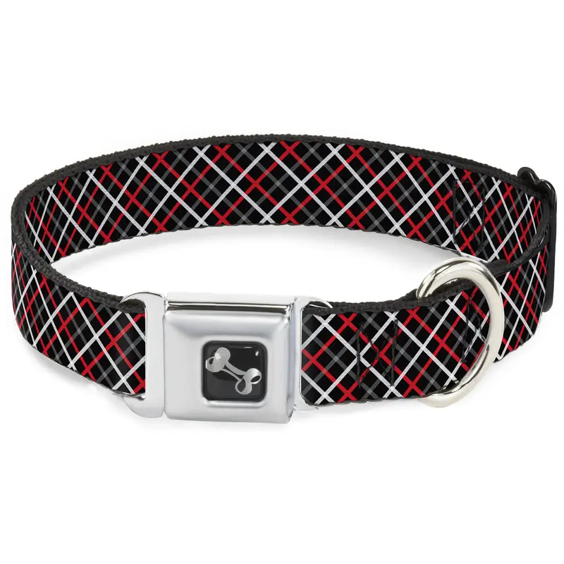 Dog Bone Seatbelt Buckle Collar - Criss Cross Plaid Black/Gray/Red