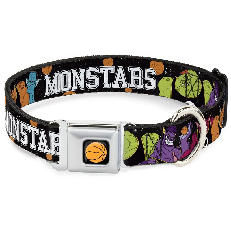 Looney Tunes Basketball Full Color Black Seatbelt Buckle Collar - Space Jam MONSTARS 5-Player Group Pose/Basketballs Galaxy Black/White