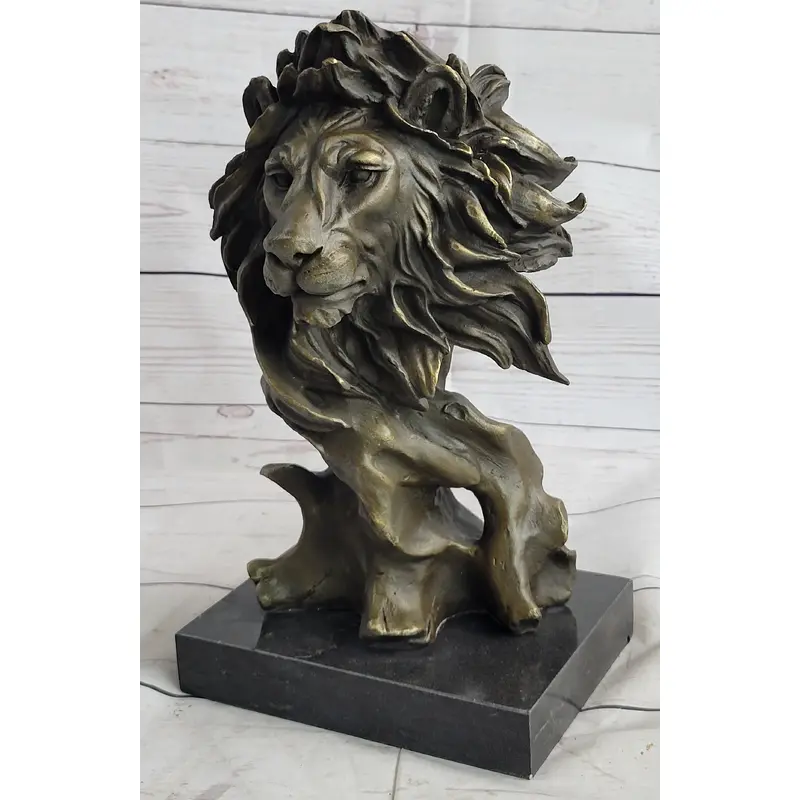 Male Lion Abstract Modern Bust Statue Sculpture Bronze Metal on Marble 12" x 7"