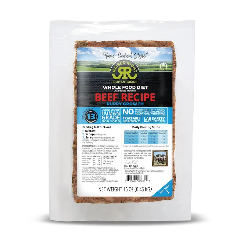 Raised Right Puppy Growth Beef Recipe Frozen Dog Food 1lb