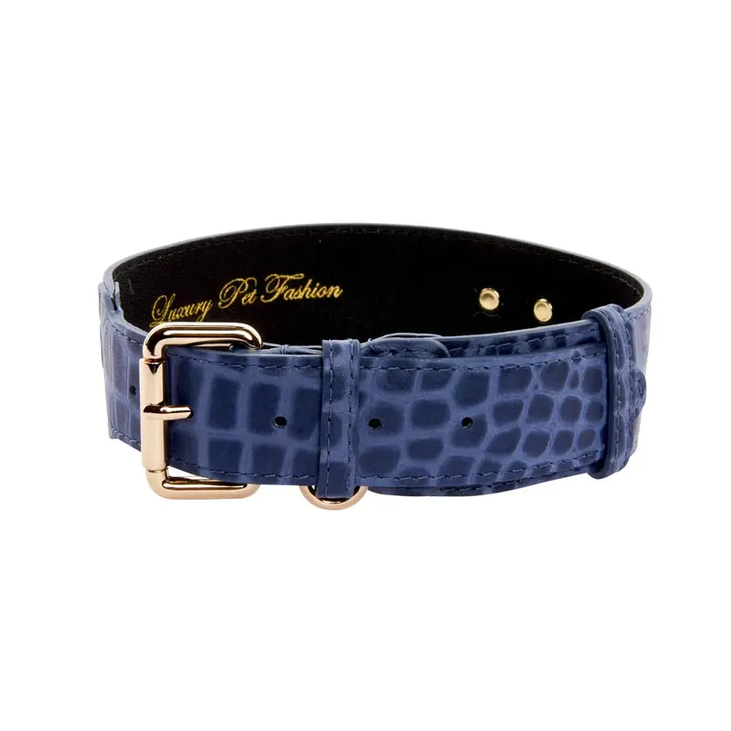 Blue Embossed Croc Italian Leather Collar With Gold Classic Hardware
