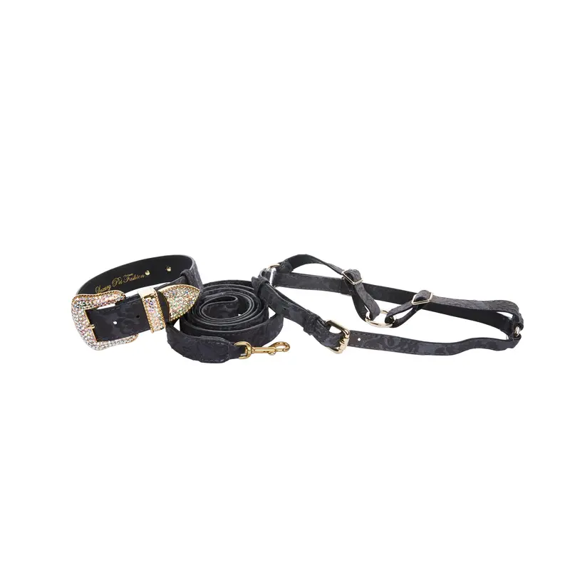 Blue Grey Italian Leather With Velvety Floral Design With Swarovski Crystal Collar, Leash & Harness