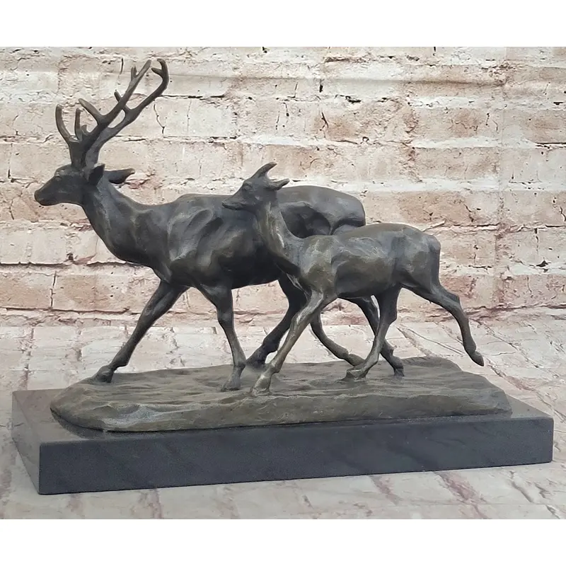 Deer Buck Elk and Doe Fawn Caribou Reindeer Bronze Statue Sculpture Marble Base 11" x 13"
