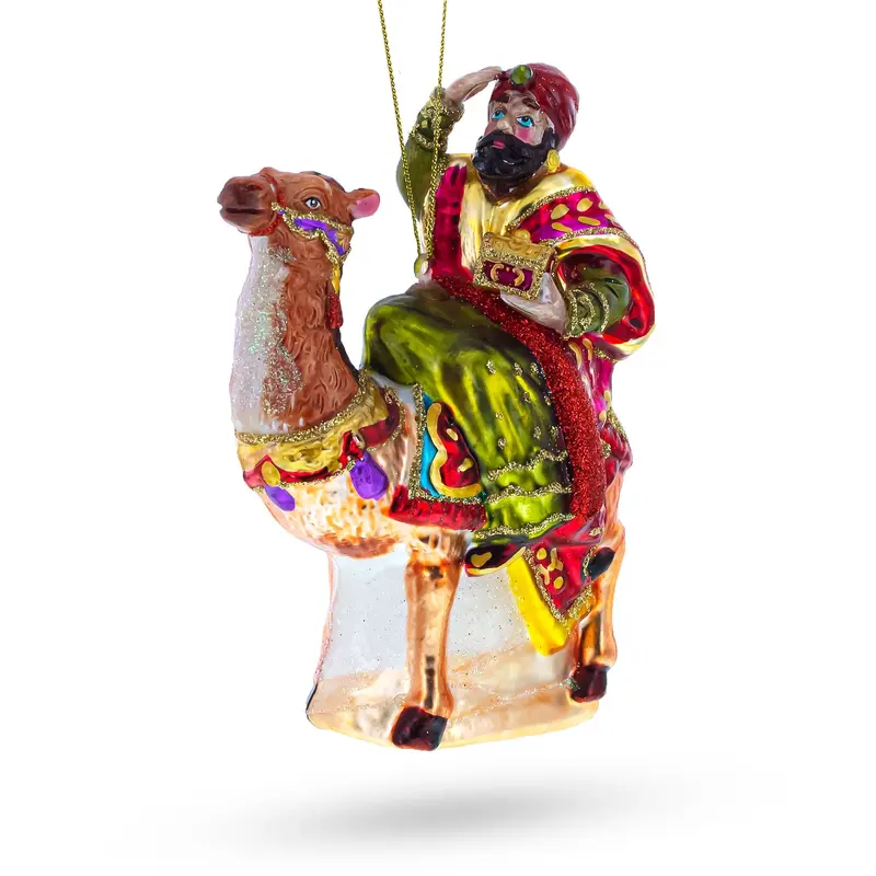 Majestic Wiseman Riding a Camel Glass Christmas Ornament