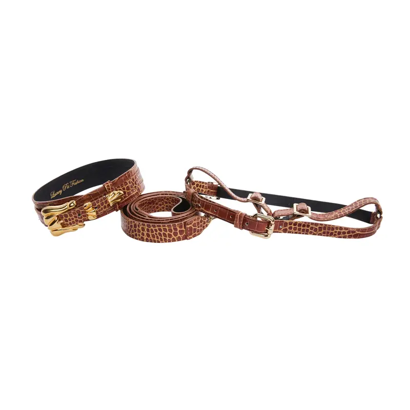 Brown & Gold Embossed Croc Italian Leather 3 piece Italian Hardware Collar, Leash, Harness Set
