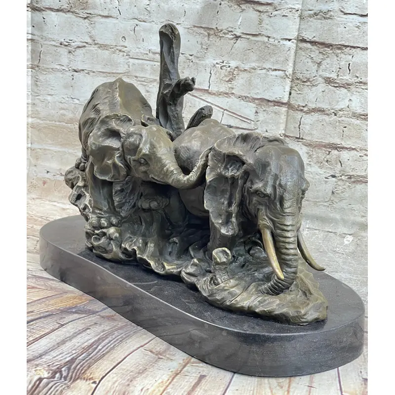 Hot Cast Bronze Sculpture Statue of Two Elephants on Marble Base