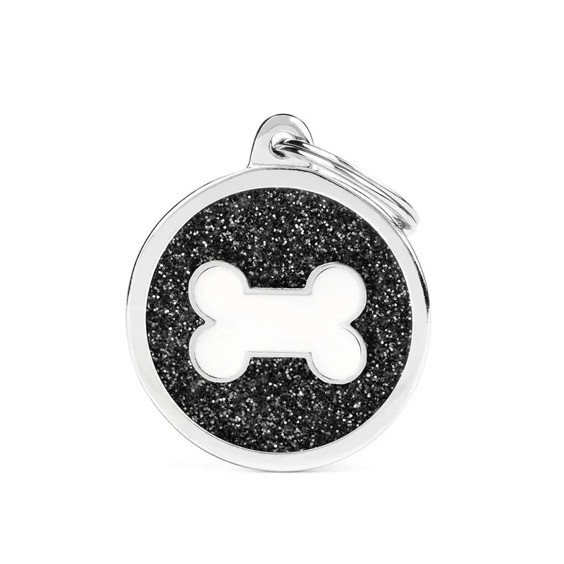 My Family ID Shine Big Black Glitter Circle White Bone ID Tag