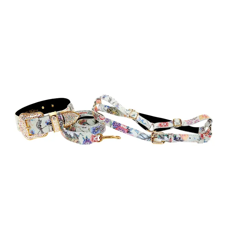 White Floral Mosaic Italian Leather/Swarovski Crystal Collar, Leash, Harness Set